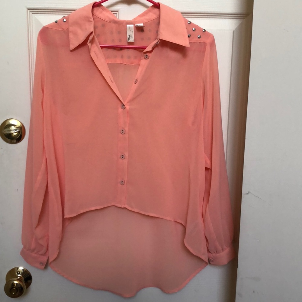 Coral studded, flowy button down blouse